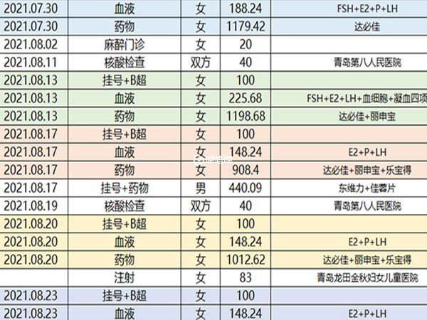 試管花費明細表
